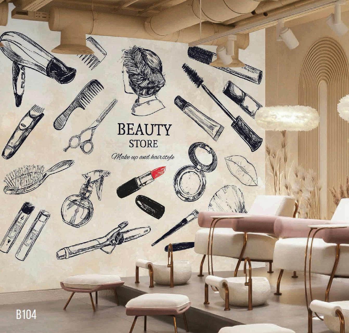 mural of hairdressing equipment scattered with customizable logo in centre on white cream background