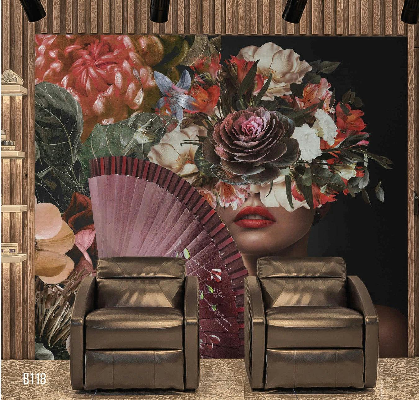 Captivating Lady's Face with Vibrant Flower Headdress: Premium Fiber Canvas Murals by Elegance Wallpaper