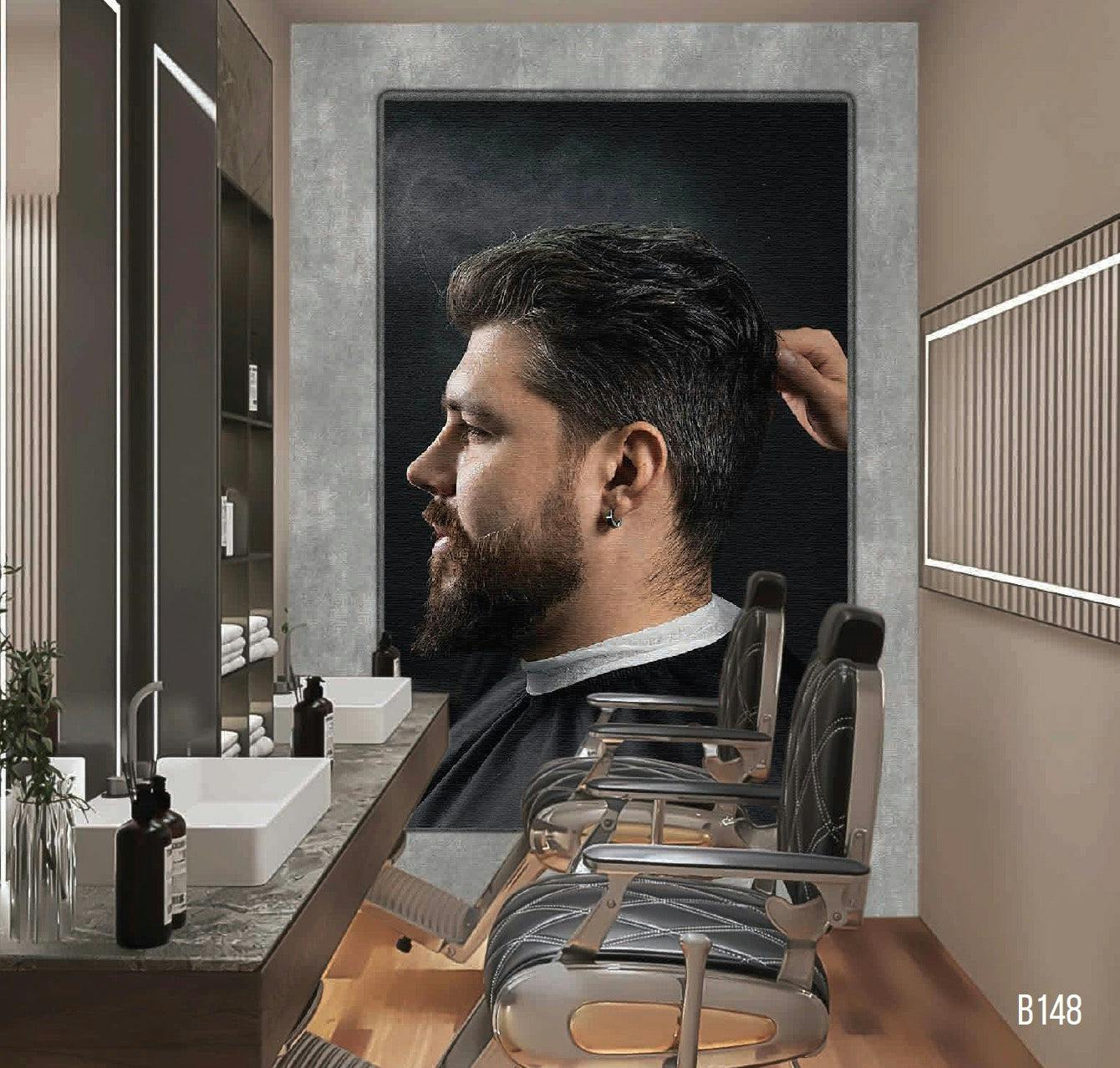 mural of well groomed man in barbers chair with barbers hand combing his hair on grey 2 tone background