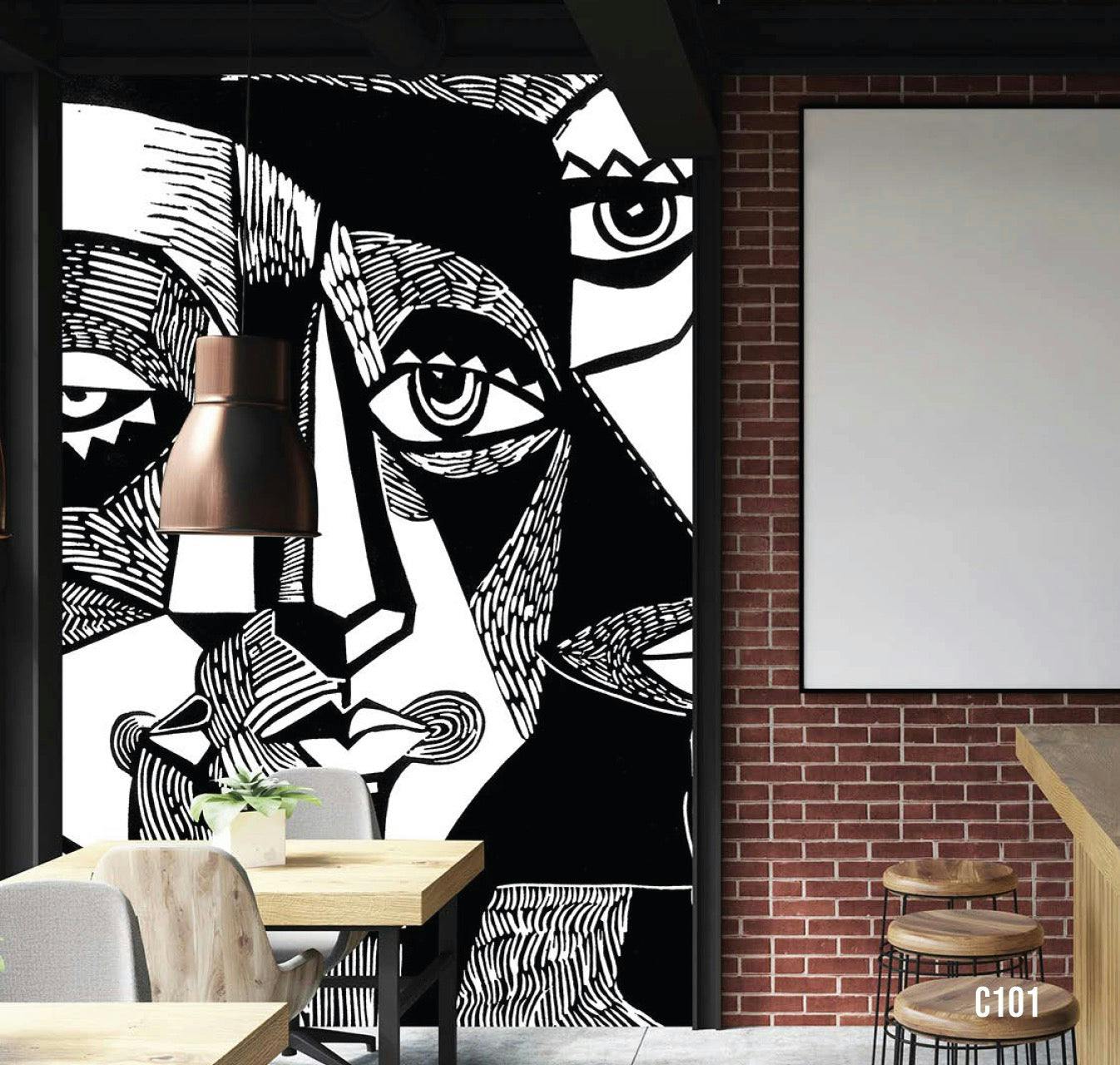 Mural Of Abstract Black And White Shapes Mamking Up A Distorted Face