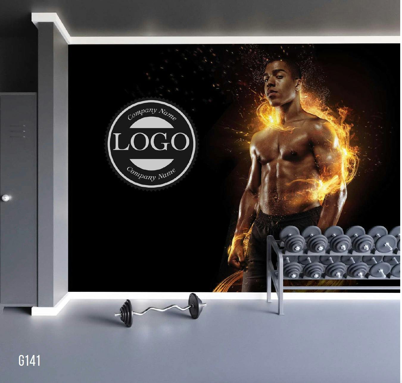 Mural Of A Topless Man With A Tones Physique Standing Up With Flames Coming Off His Body On A Black Background With Custom Logo Option