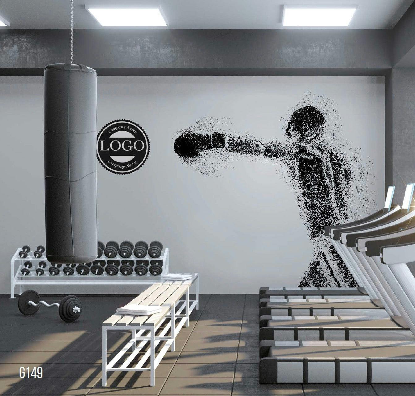 Mural Of A Man Made Up Of Dots In Black And White Throwing A Punch Toward Custom Logo Option Wearing Boxing Glove And Shorts