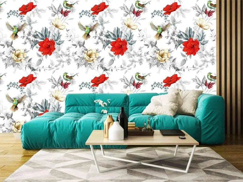 Chic Nature Harmony: Red and Yellow Floral Mural for Modern Elegance