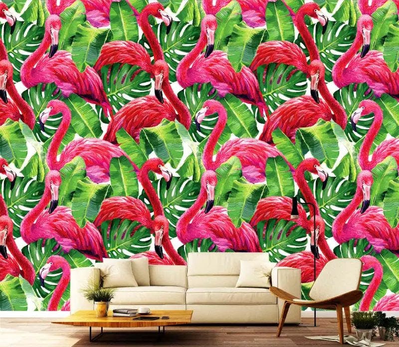 Abstract Elegance: Pink Flamingoes and Green Leaves in a Captivating Dance