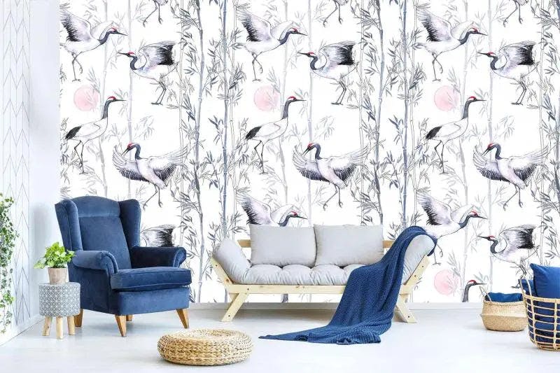 Monochrome Harmony: A Mural of Black and White Birds with Delicate Pink Accents