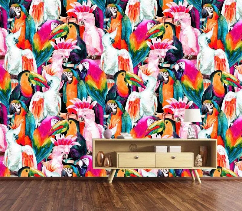 Tropical Harmony: Vivid Birdlife Canvas Mural – Embrace Nature's Colors