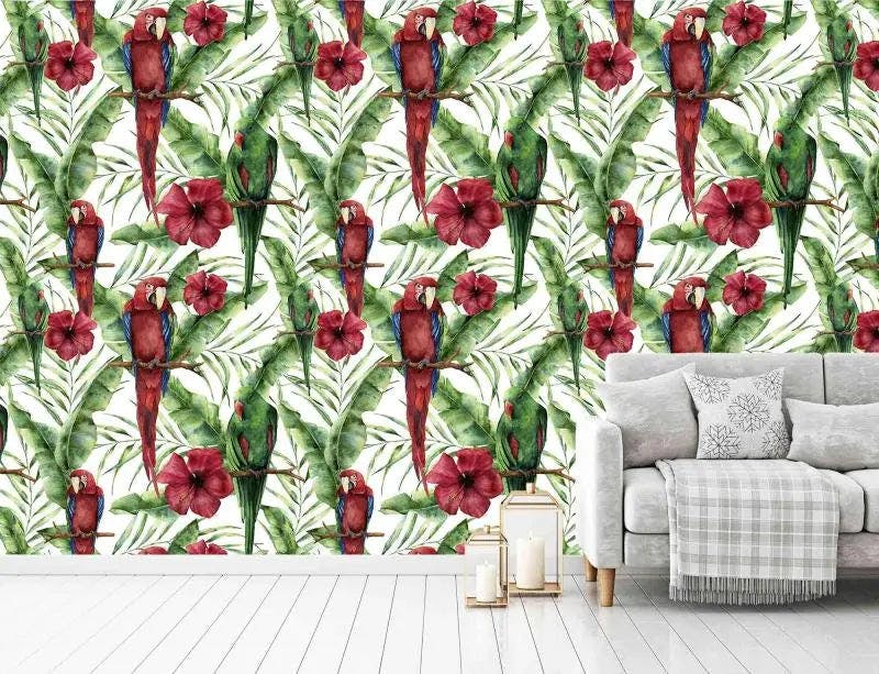 Vibrant Tropical Paradise: Nature-Inspired Wall Mural with Red and Blue Parrots