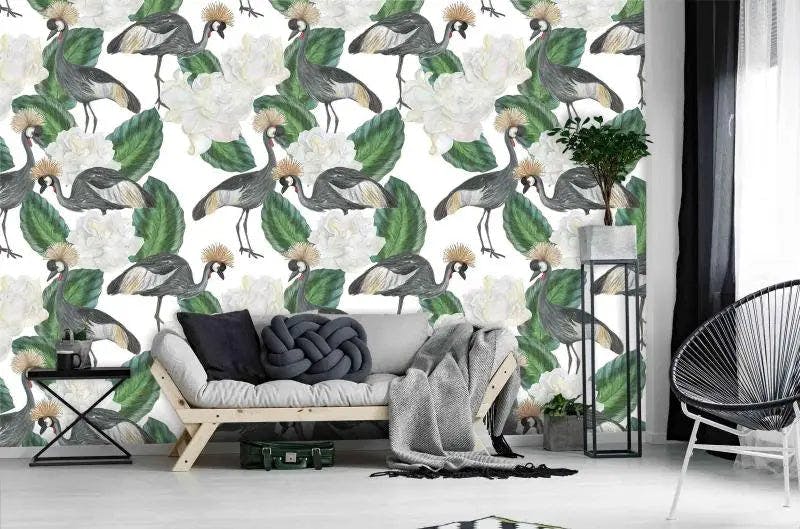 Tranquil Harmony: Grey Birds and Green Leaves Mural with Beige and White Florals