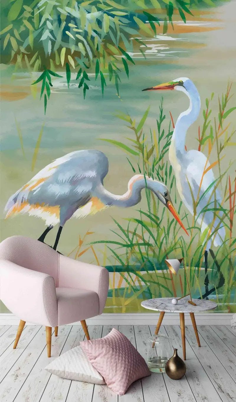 Tranquil Lake Elegance: Nature-Inspired Pelican Mural Art