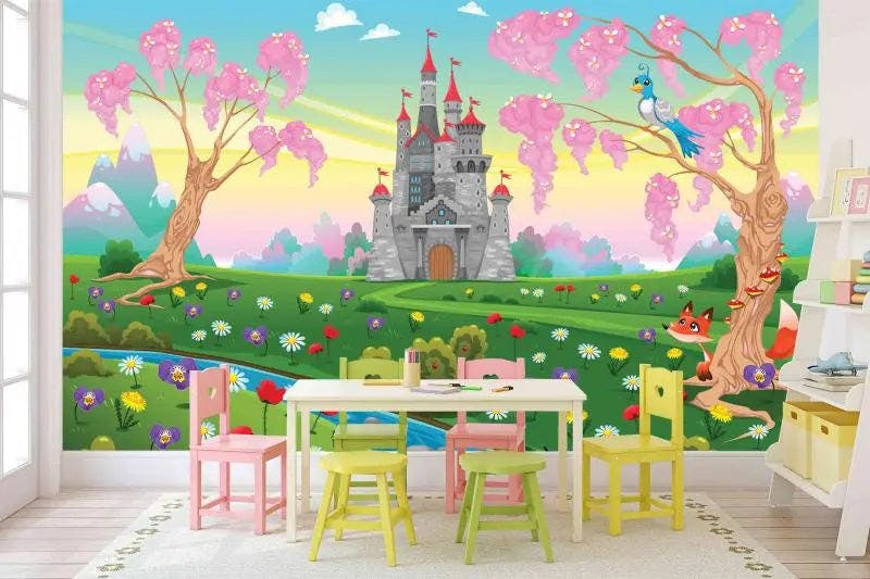 Enchanting Castle Dreams: A Vibrant Floral Mural for Kids' Imagination