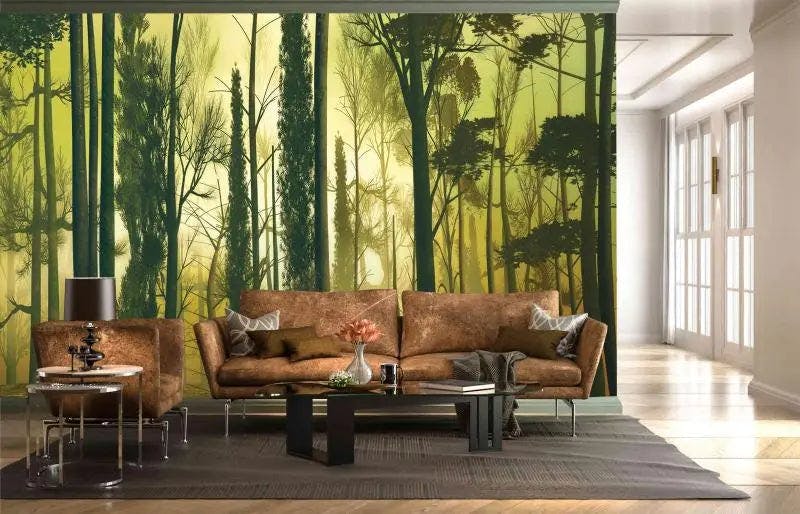 Misty Enigma: Captivating Nature Mural by Elegance Wallpaper - Explore the Intrigue of Green Forests and Yellow Haze