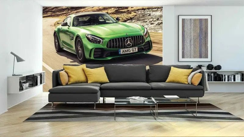 Explore Thrilling Adventures: Lime Green Mercedes AMG GT Alpine Mural by Elegance Wallpaper