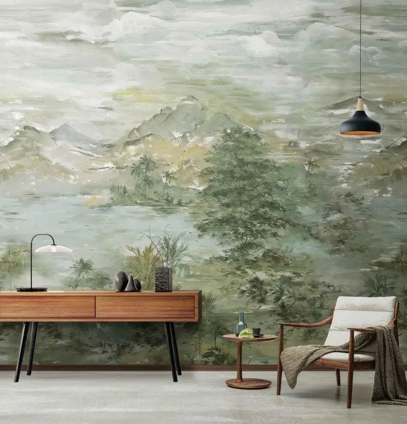 Tranquil Oasis: Nature-Inspired Watercolor Mural