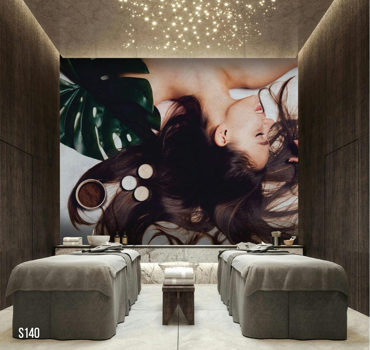 Tranquil Spa and Beauty Salon Wallpaper Murals - Graceful Lady with Coffee and Green Leaf