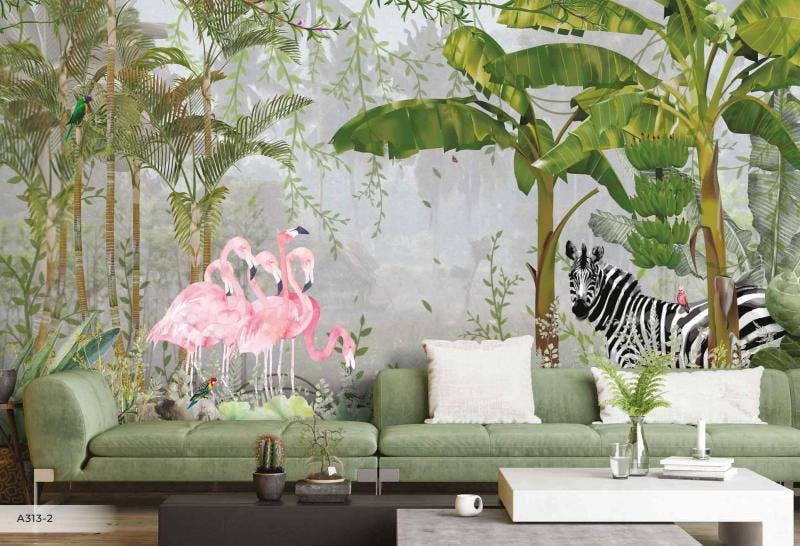 Flamingo and Zebra Misty Tropical Mural Wallcovering