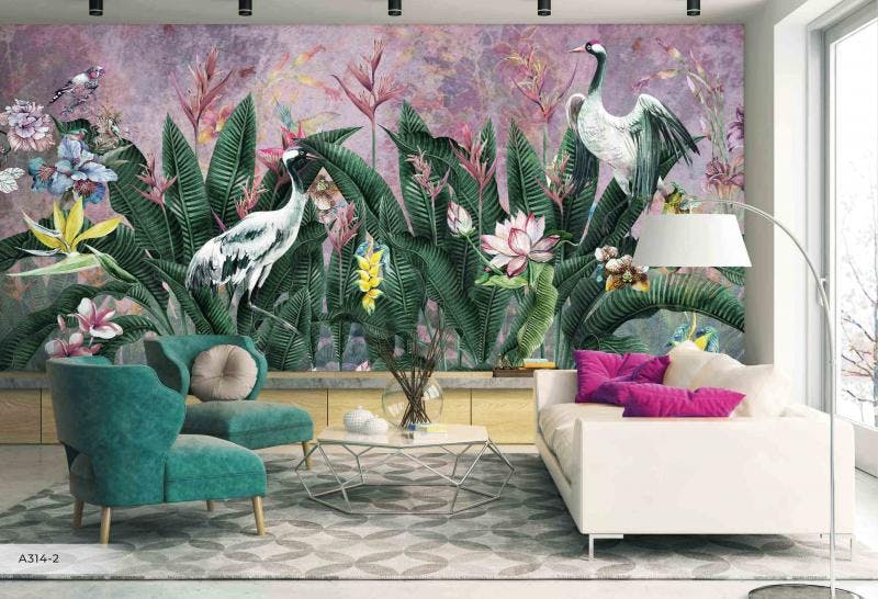 Colorfrul Tropical Bird Floral Mural Wallcovering