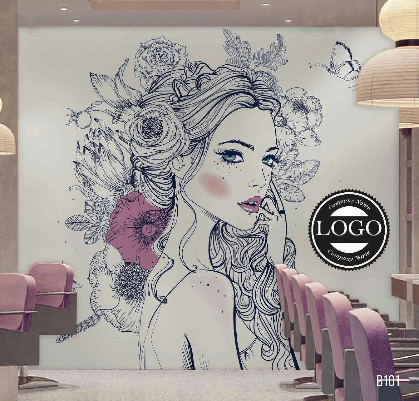 Captivating Floral Abstract Hair Design Woman Mural - Premium Fiber Canvas