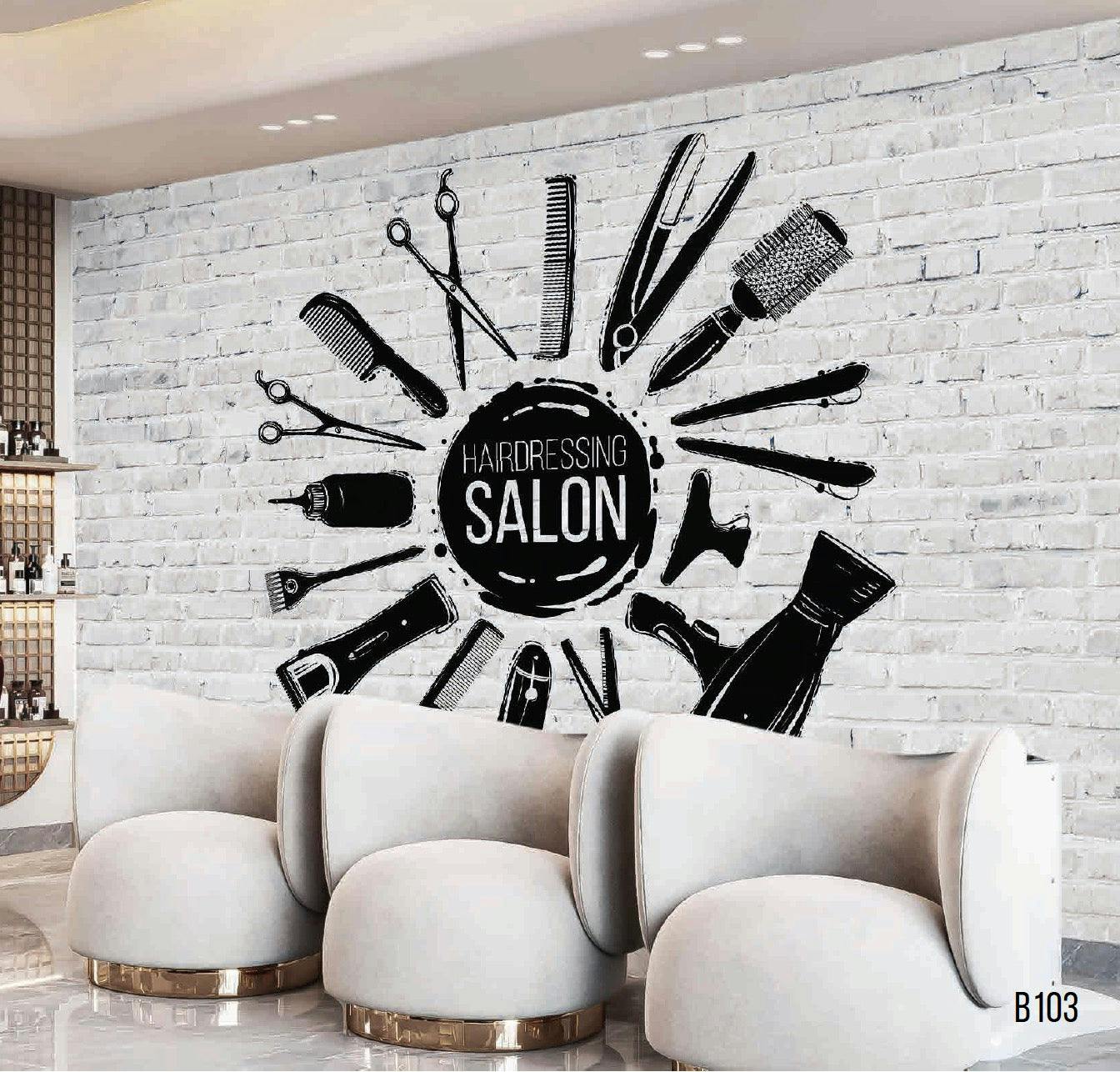 Premium Fiber Canvas Hairdressing Equipment Mural with Customizable Logo - White Brick Background | Elegance Wallpaper
