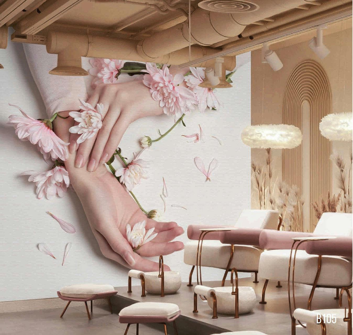 Elegance Wallpaper: Captivating Pink Flower Hands Mural for a Stunning and Flawless Space Transformation