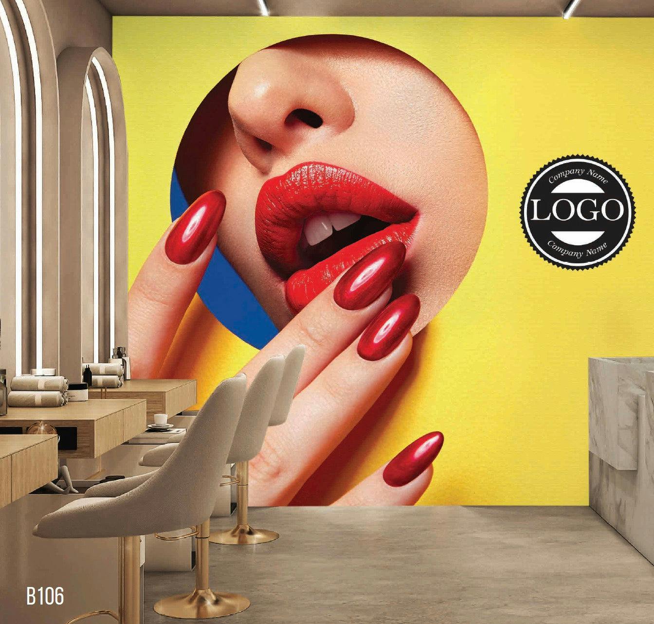 Elegance Wallpaper: Captivating Lips and Manicured Hand Mural on Premium Fiber Canvas