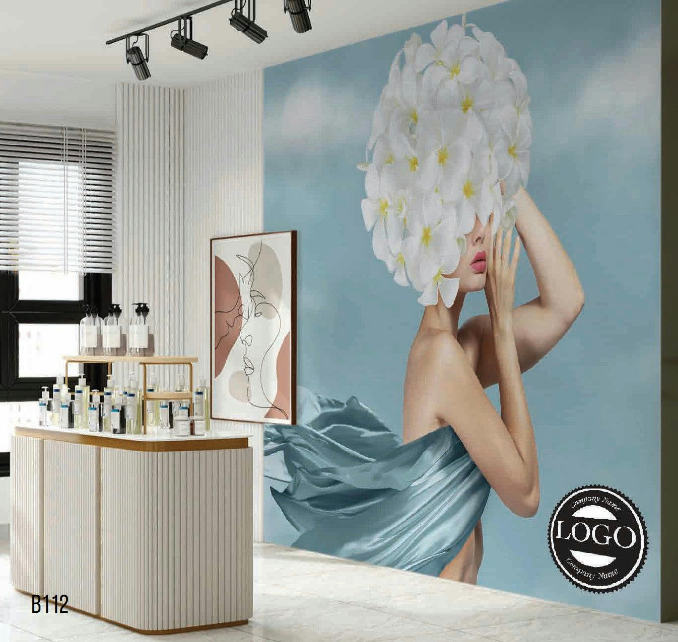 Graceful Lady with White Flower Bouquet Headdress - Premium Fiber Canvas Mural
