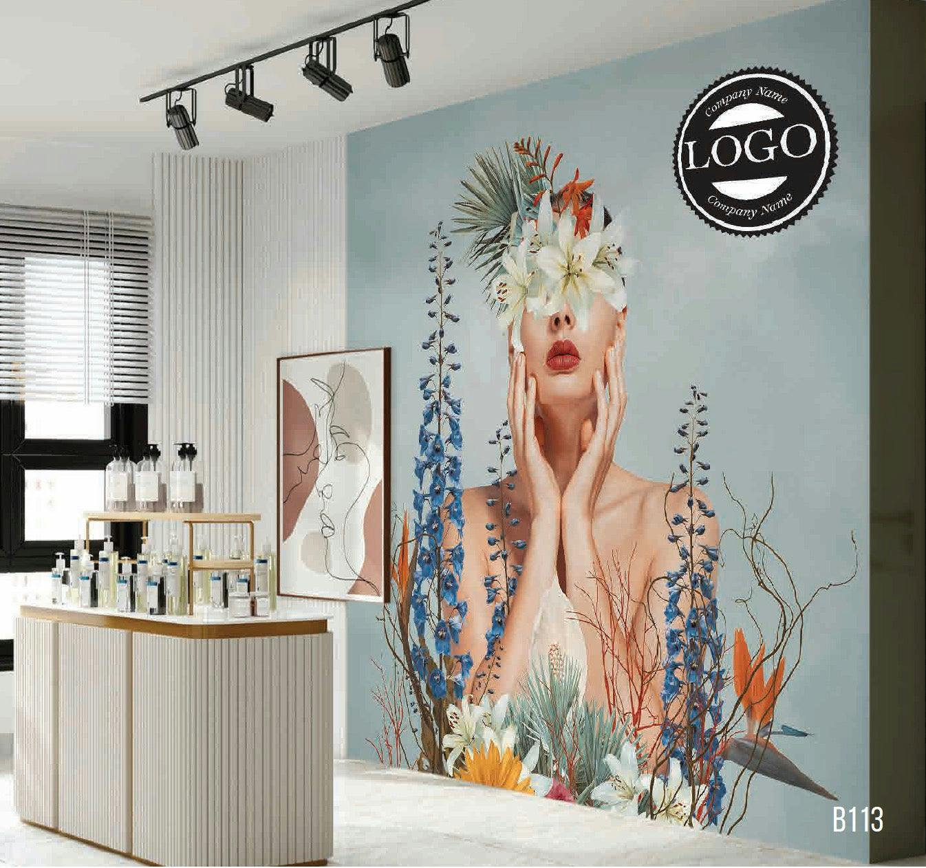 Elegance Wallpaper: Captivating Lady with Colorful Flowers Mural on High-Quality Fiber Canvas