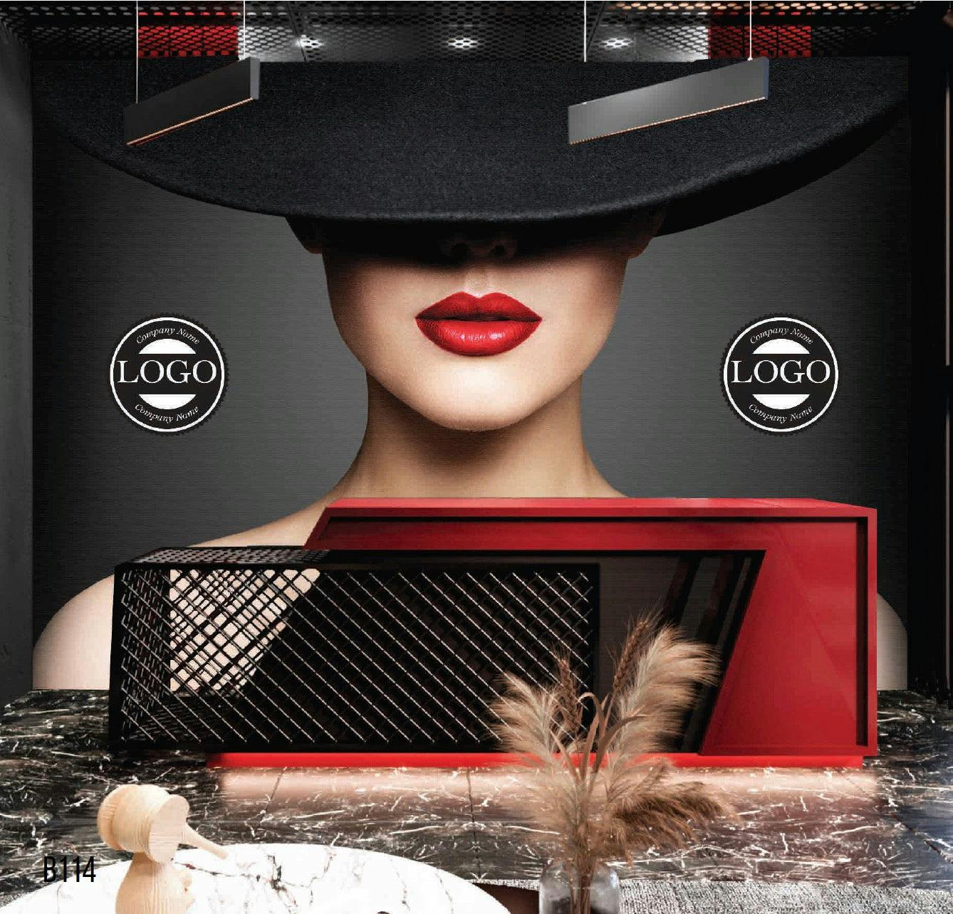 Elegance Wallpaper: Captivating Lady's Face Mural with Red Lipstick and Black Top Hat - Premium Fiber Canvas Print for Mesmerizing Visual Masterpiece