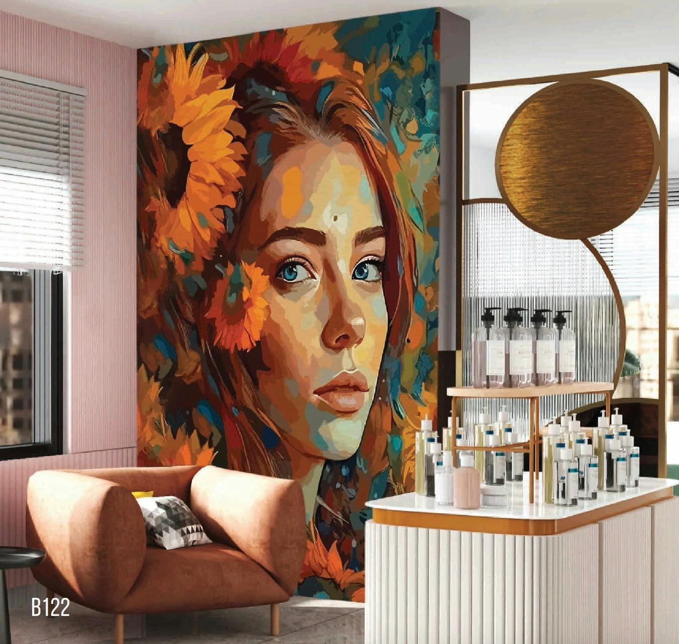 Captivating Red-Headed Lady with Vibrant Floral Crown - High-Quality Fiber Canvas Mural from Elegance Wallpaper