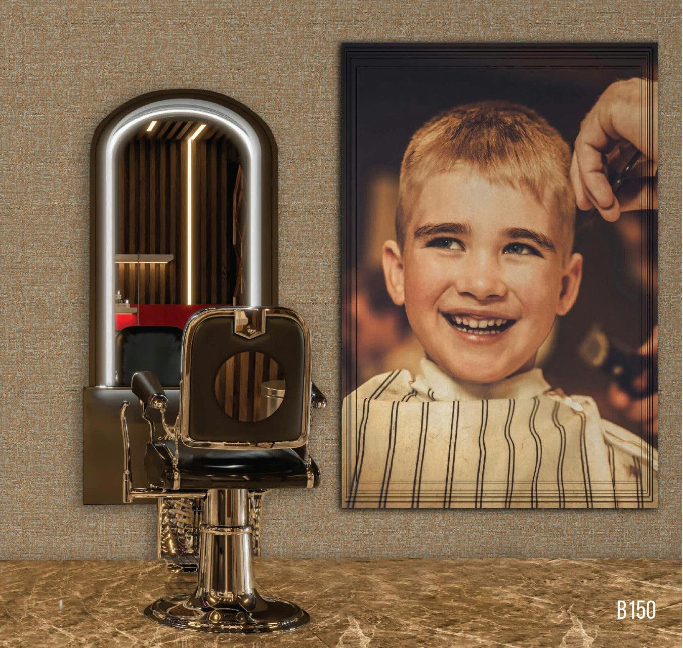 Joyful Boy in Barbers Cloak: Premium Fiber Canvas Mural by Elegance Wallpaper