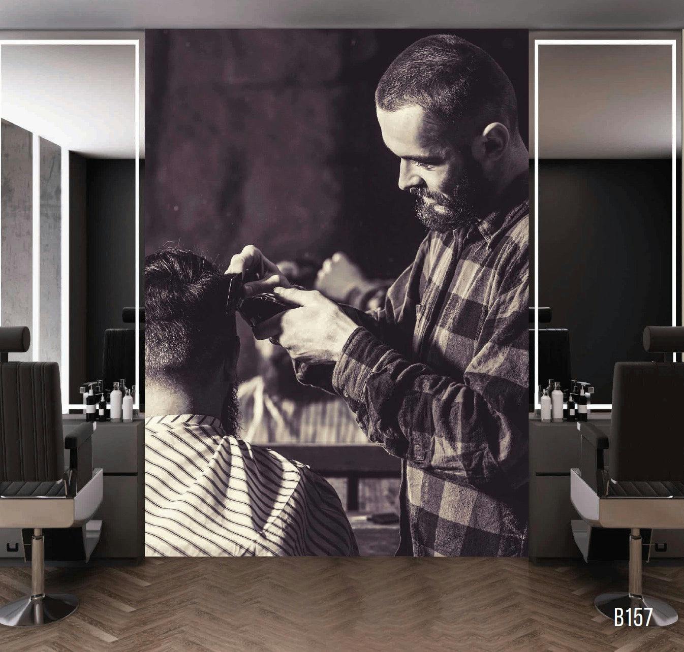 Captivating Black and White Barber Mural: Elevate Your Decor with High-Quality Fiber Canvas Art
