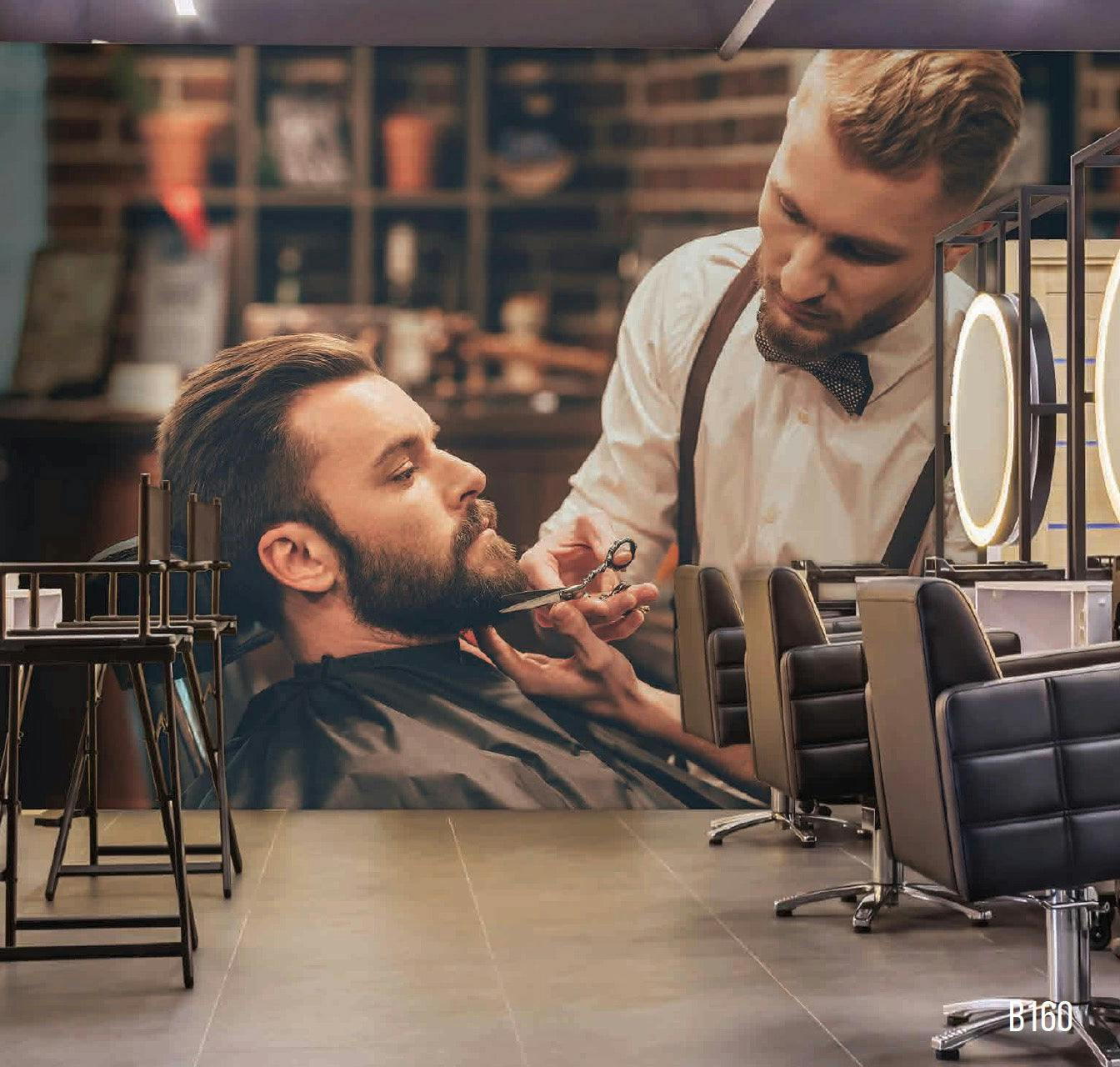 Premium Fiber Canvas Mural: Sophisticated Barber Shop Scene | Elegance Wallpaper