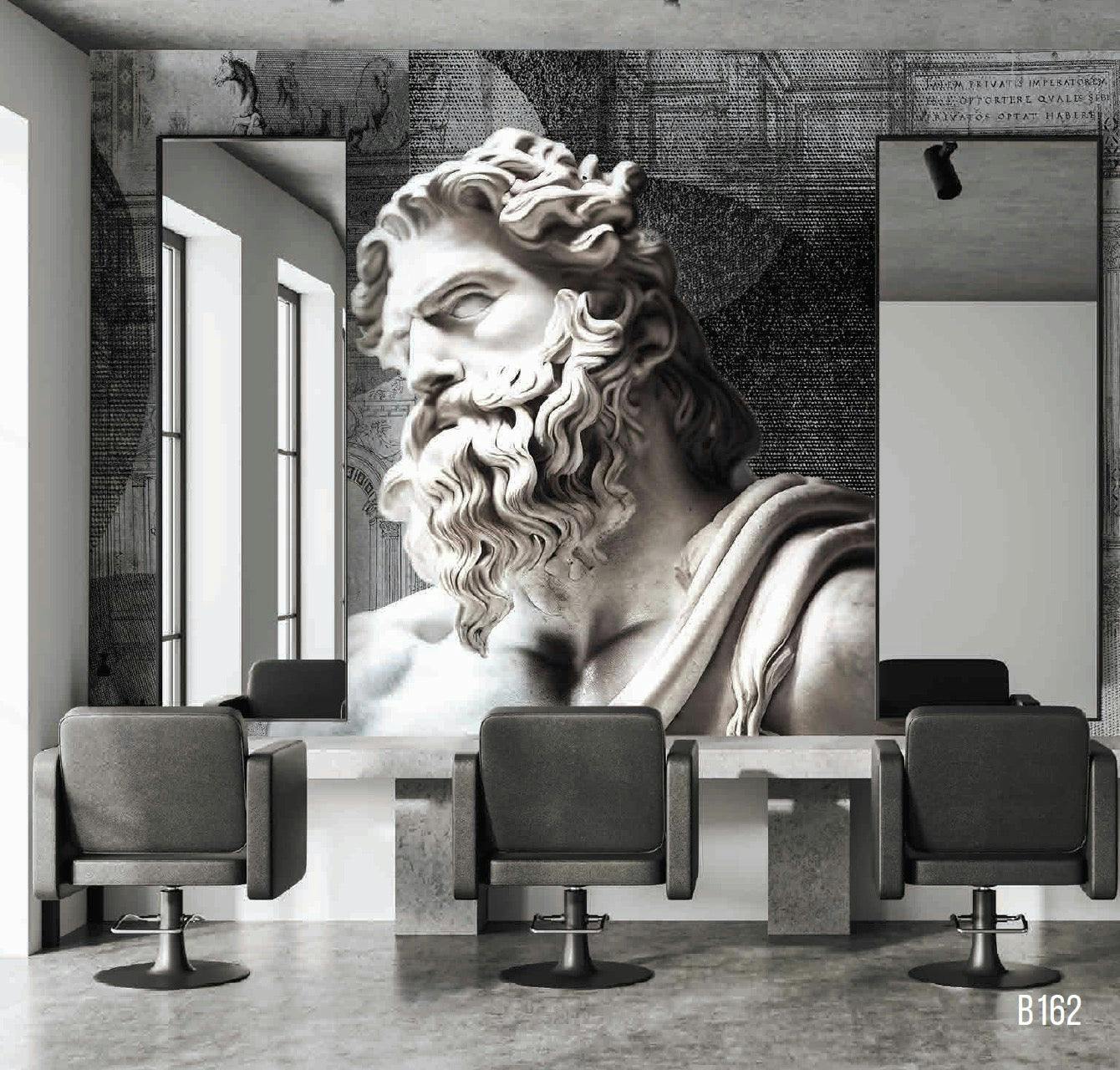 Greek Roman Statue Head Mural - Captivating 3D Detail on Sleek Grey Background | Elegance Wallpaper