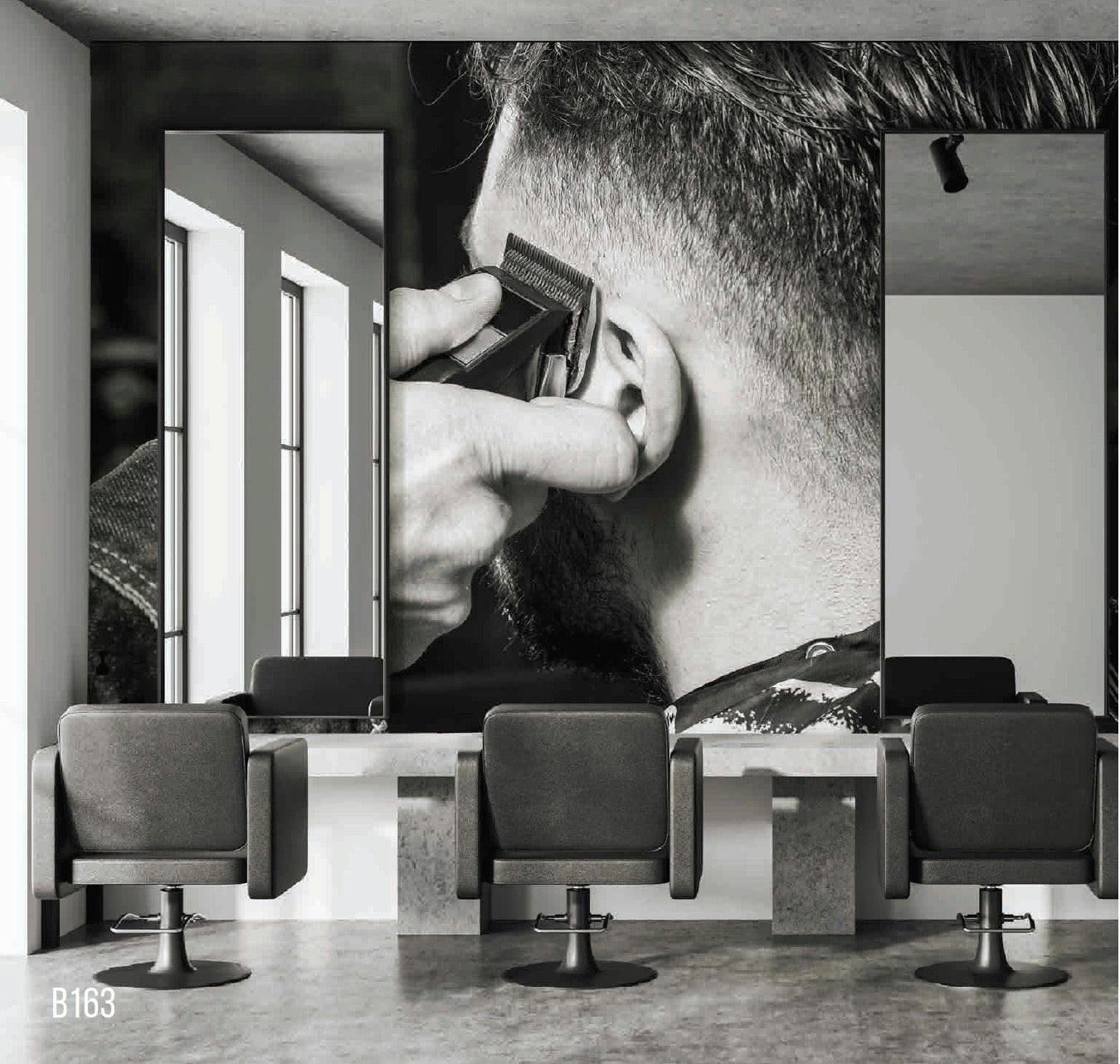 High-Quality Fiber Canvas Mural: Expertly Shaved Gentleman with Clippers - Seamless and Lifelike Portrayal | Elegance Wallpaper
