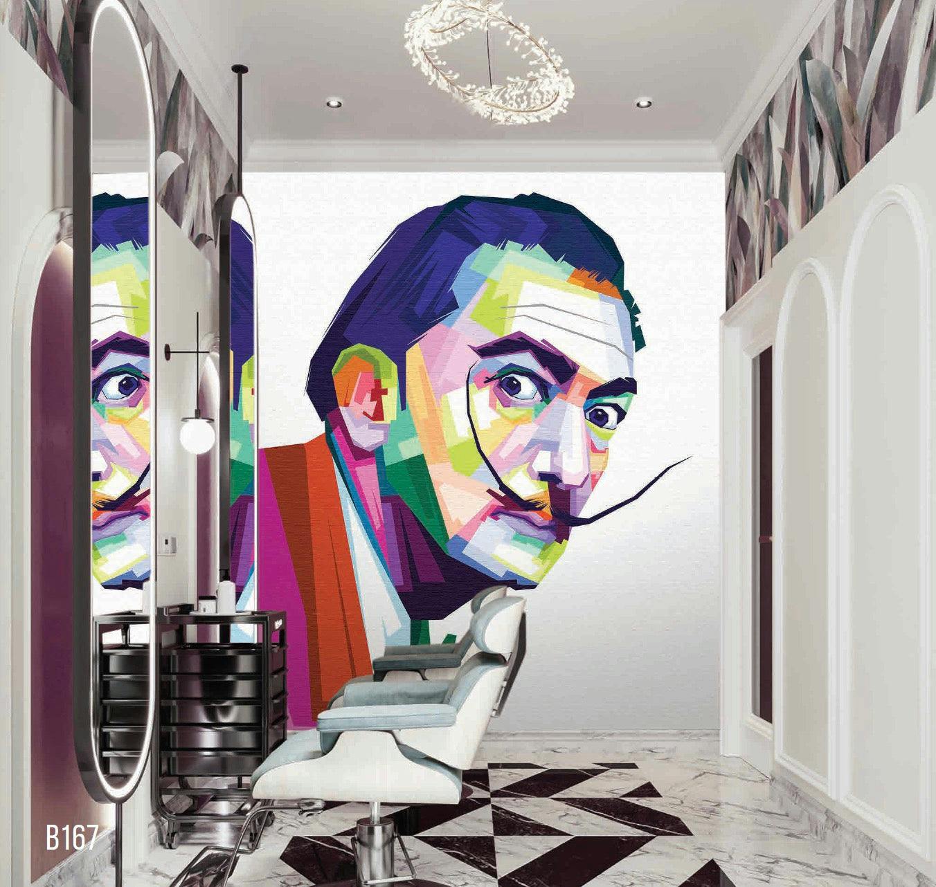 mural of drawn man with long moustache looking towards camera in multi colors