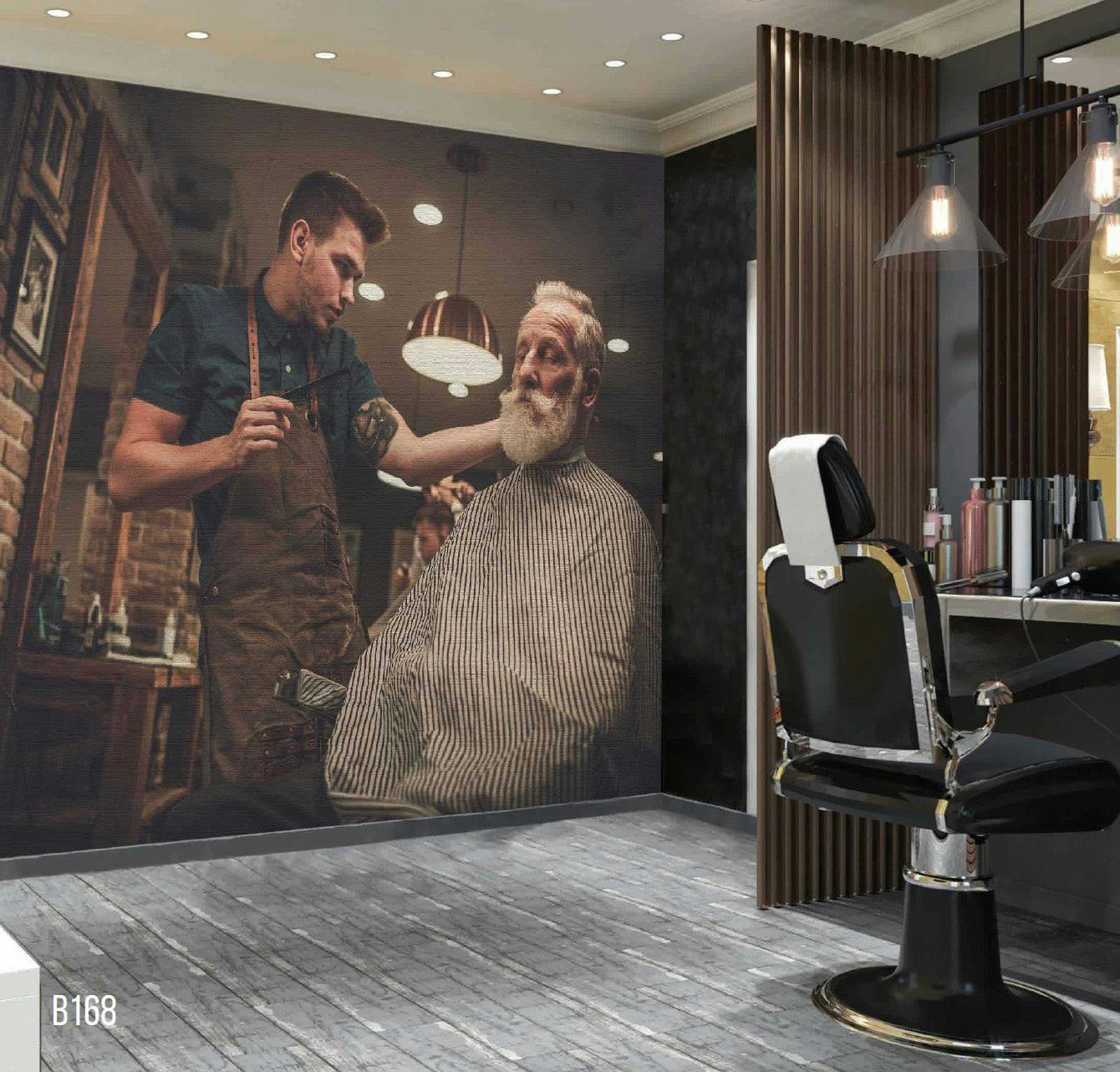 mural of customer in chair getting a haircut in a barber shop by professional looking barber 1