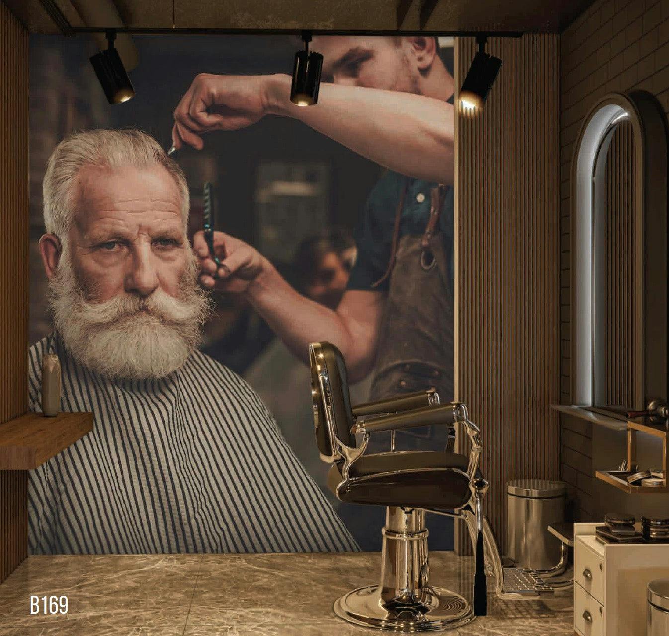 mural of customer in chair getting a haircut in a barber shop by professional looking barber 2