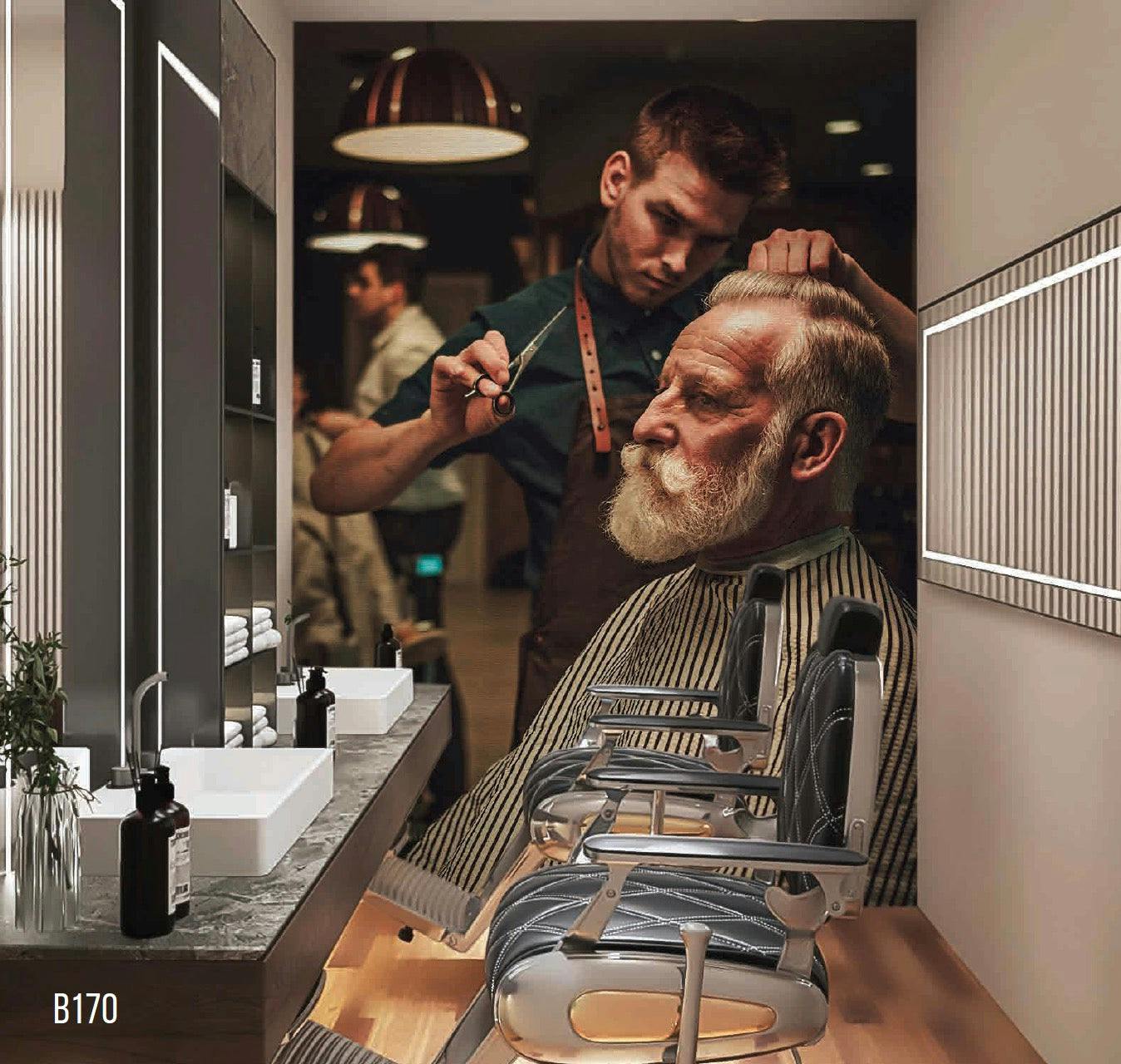 mural of customer in chair getting a haircut in a barber shop by professional looking barber 3