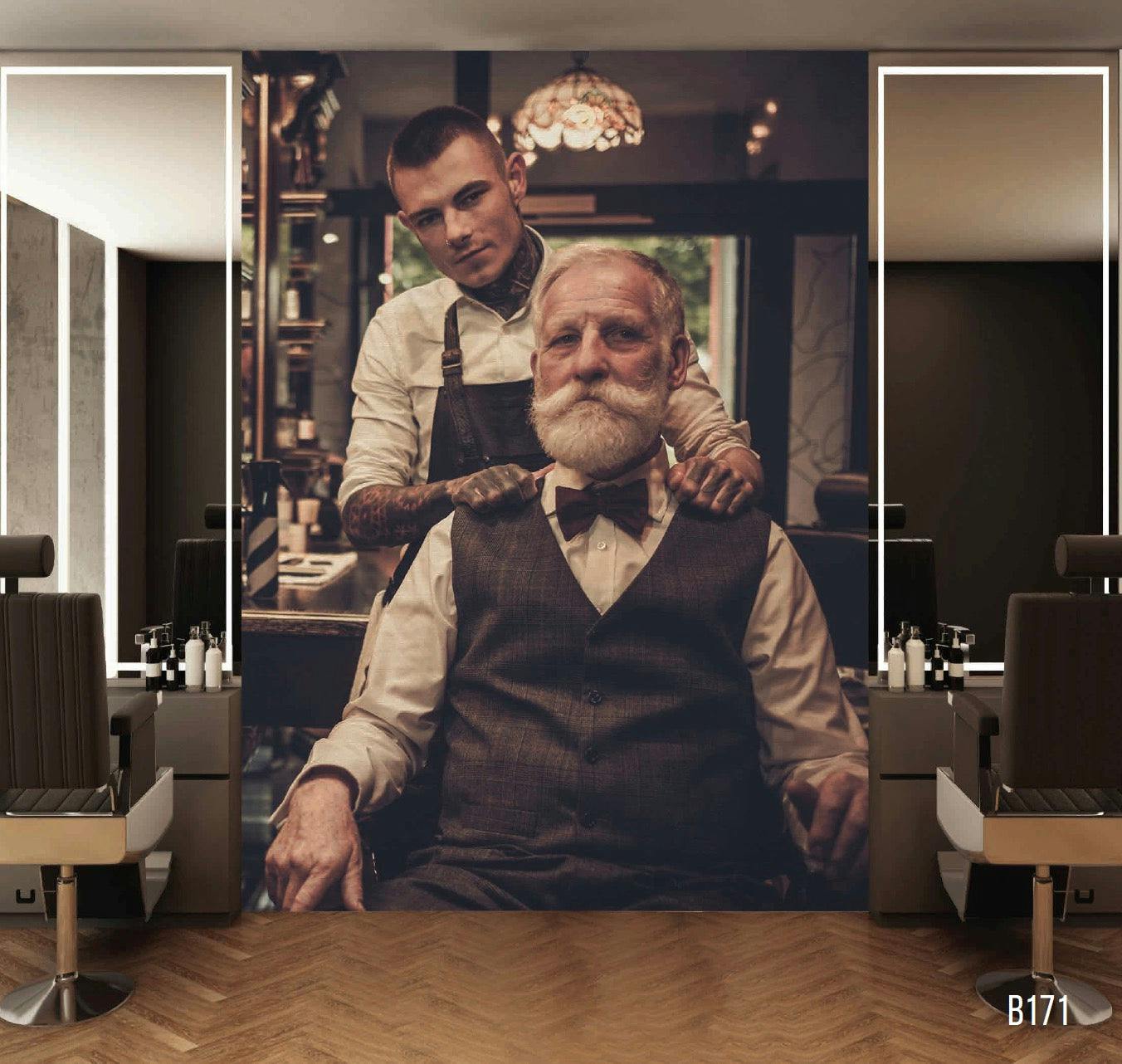 mural of well groomed customer in chair with professional looking barber behind him in old fashioned setting