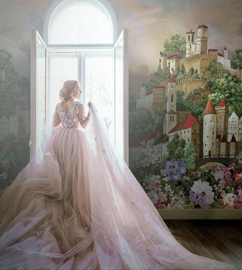 Blooming Flowers and Fairy tale castle wall mural poster
